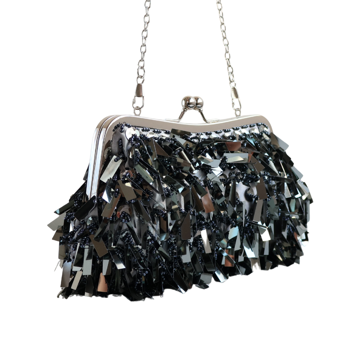 Bolsa de Festa Clutch Lantejoula Folha Brilhante Cinza Grafite