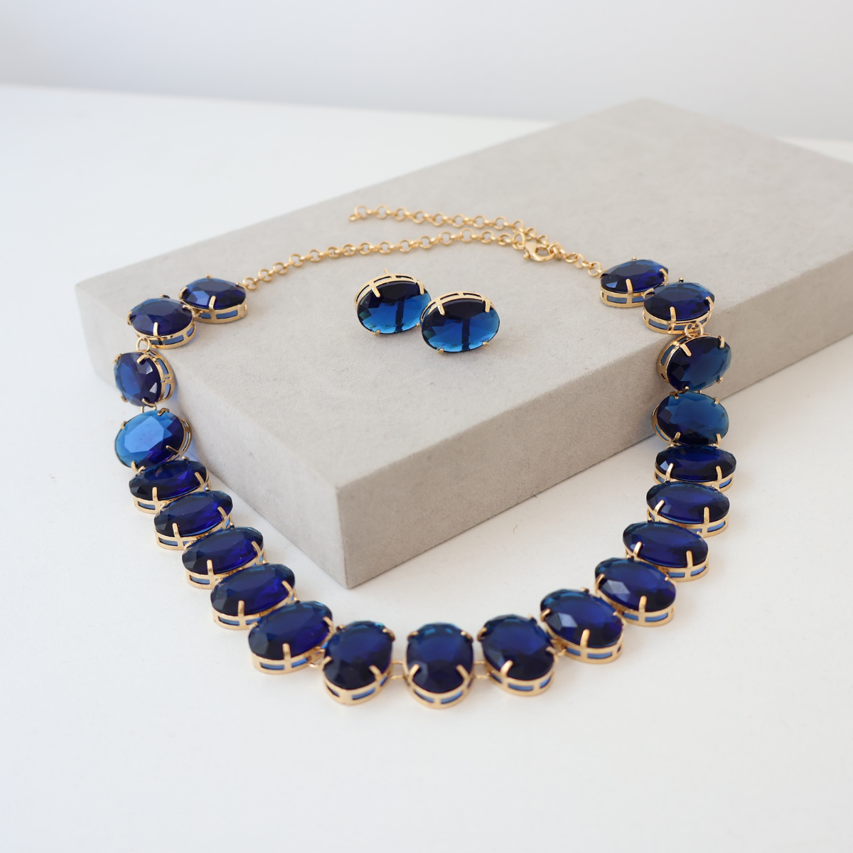 Kit Colar e Brinco - Cristal Azul - Dourado