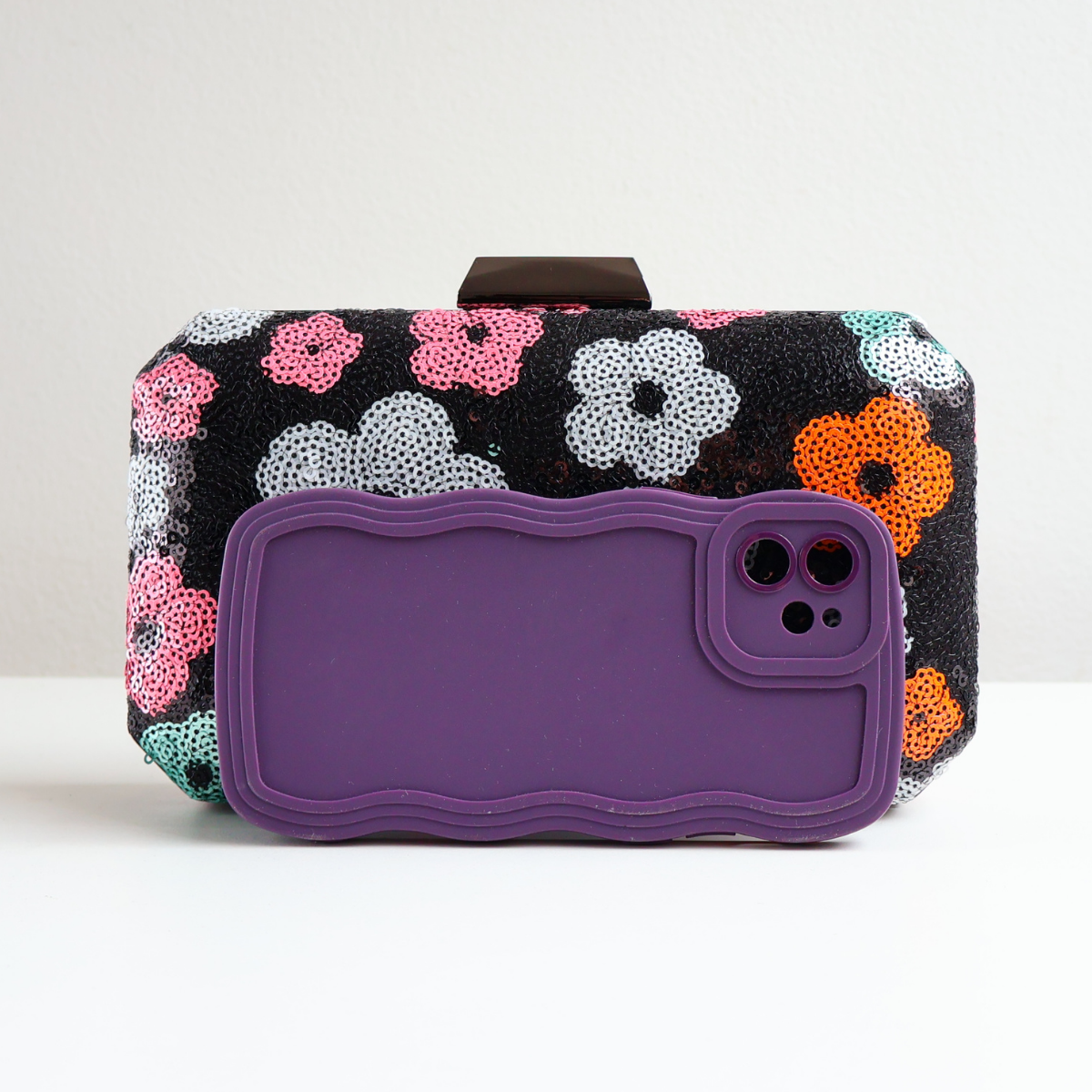 Bolsa Clutch Festa Lantejoulas Bordadas Flores Preta