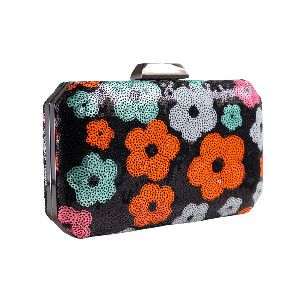 Bolsa Clutch Festa Lantejoulas Bordadas Flores Preta