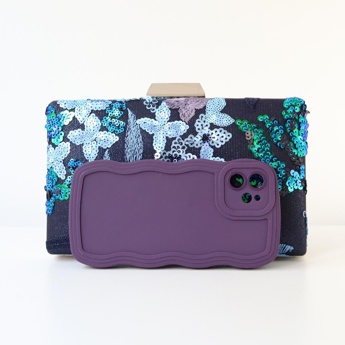 Bolsa Clutch Festa Bordada Flores Azul Marinho