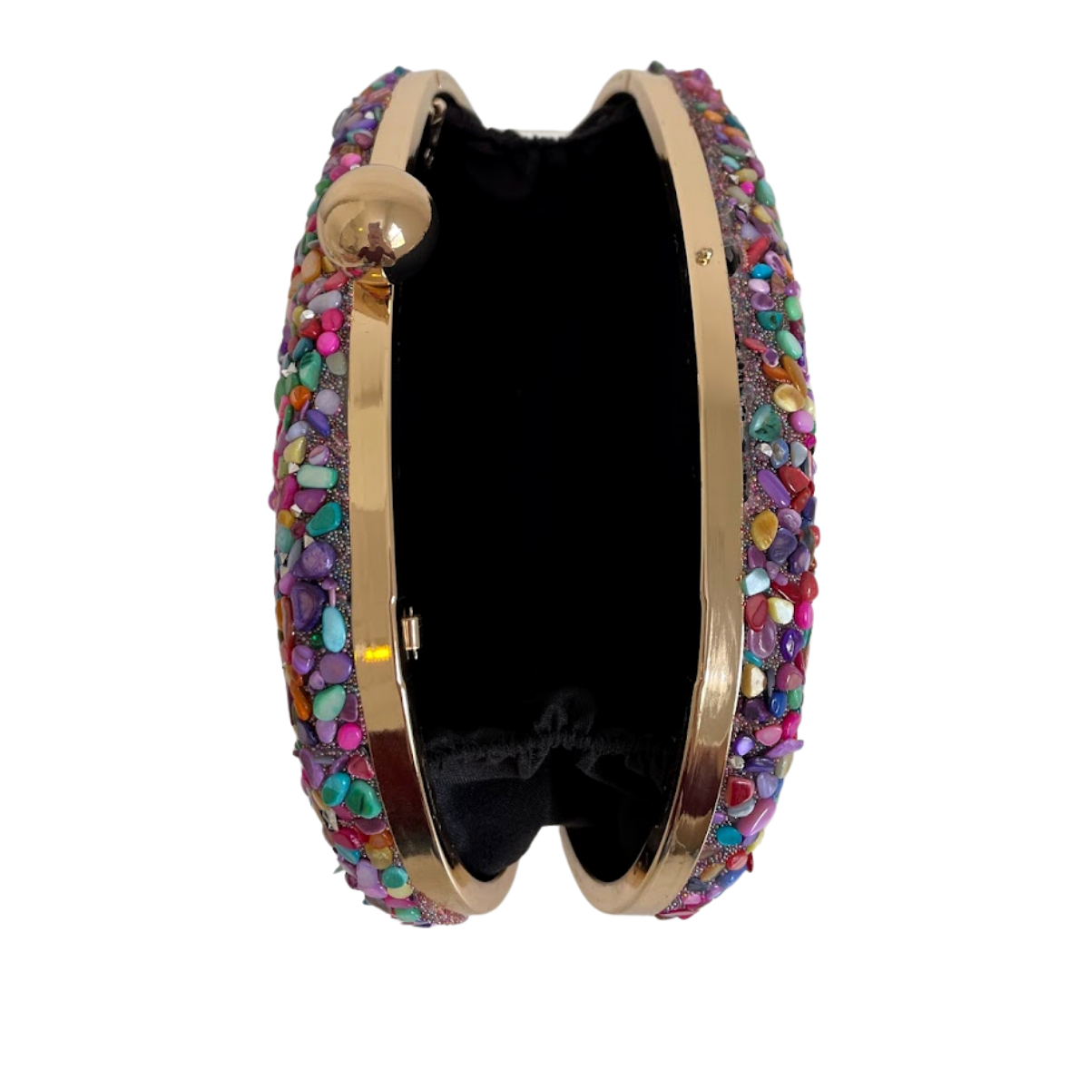 Bolsa Festa Clutch Pedraria Colorida Oval Ferragem Dourada