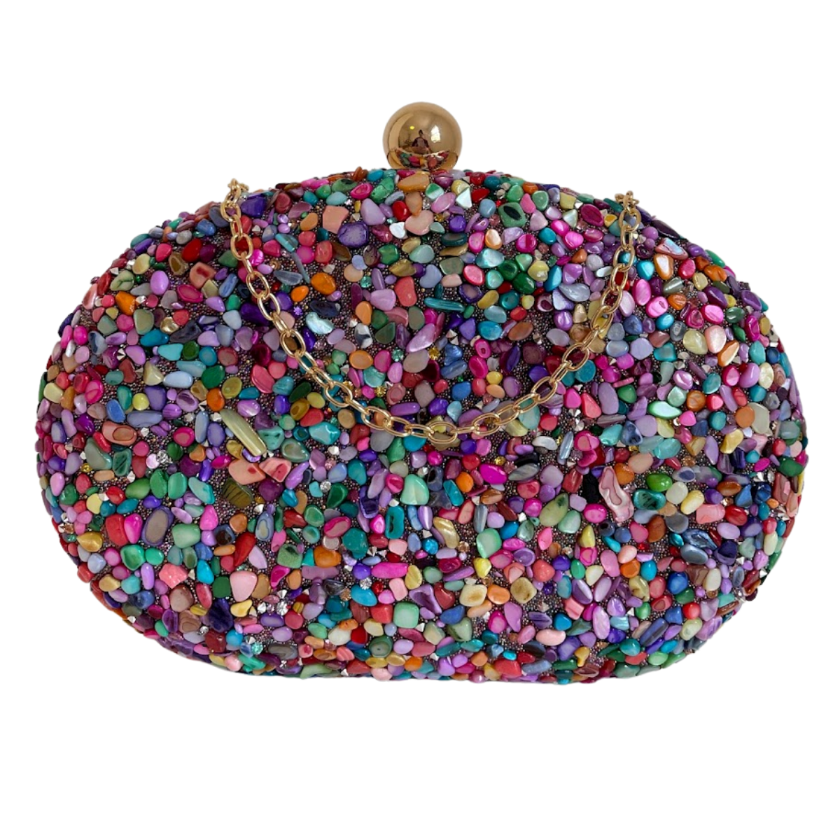 Bolsa Festa Clutch Pedraria Colorida Oval Ferragem Dourada