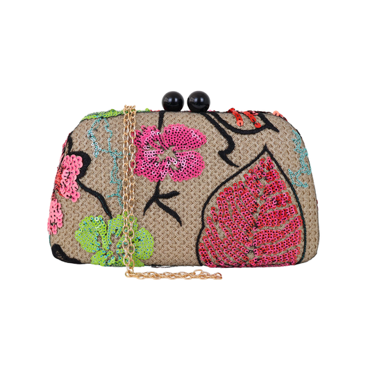 Bolsa Clutch Festa Bordada Flores Bege e Rosa