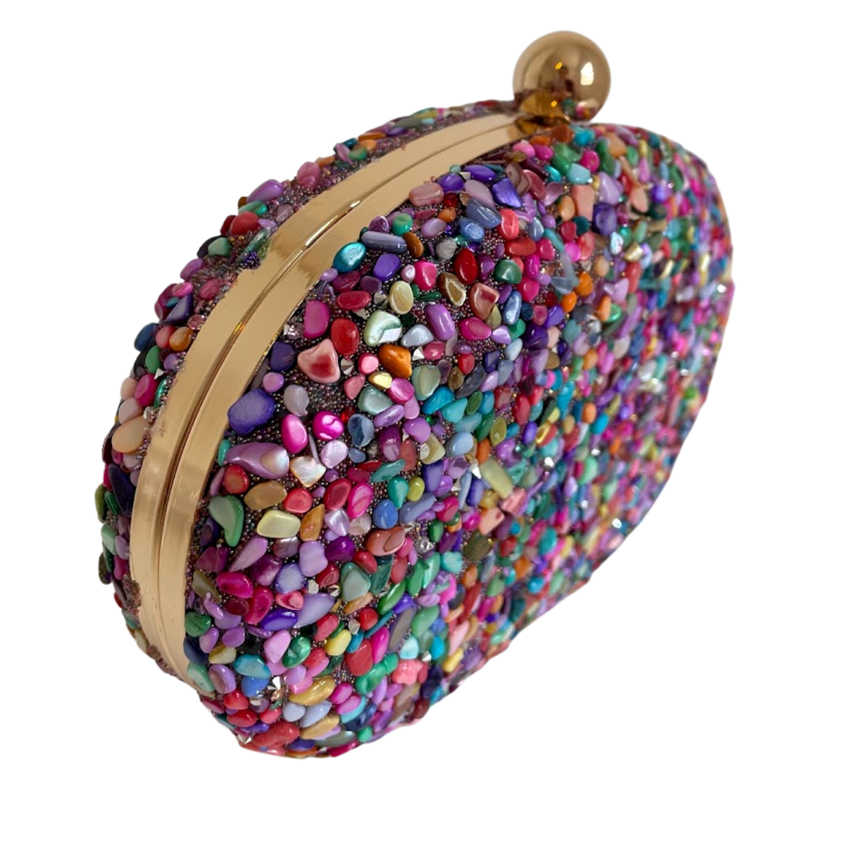 Bolsa Festa Clutch Pedraria Colorida Oval Ferragem Dourada