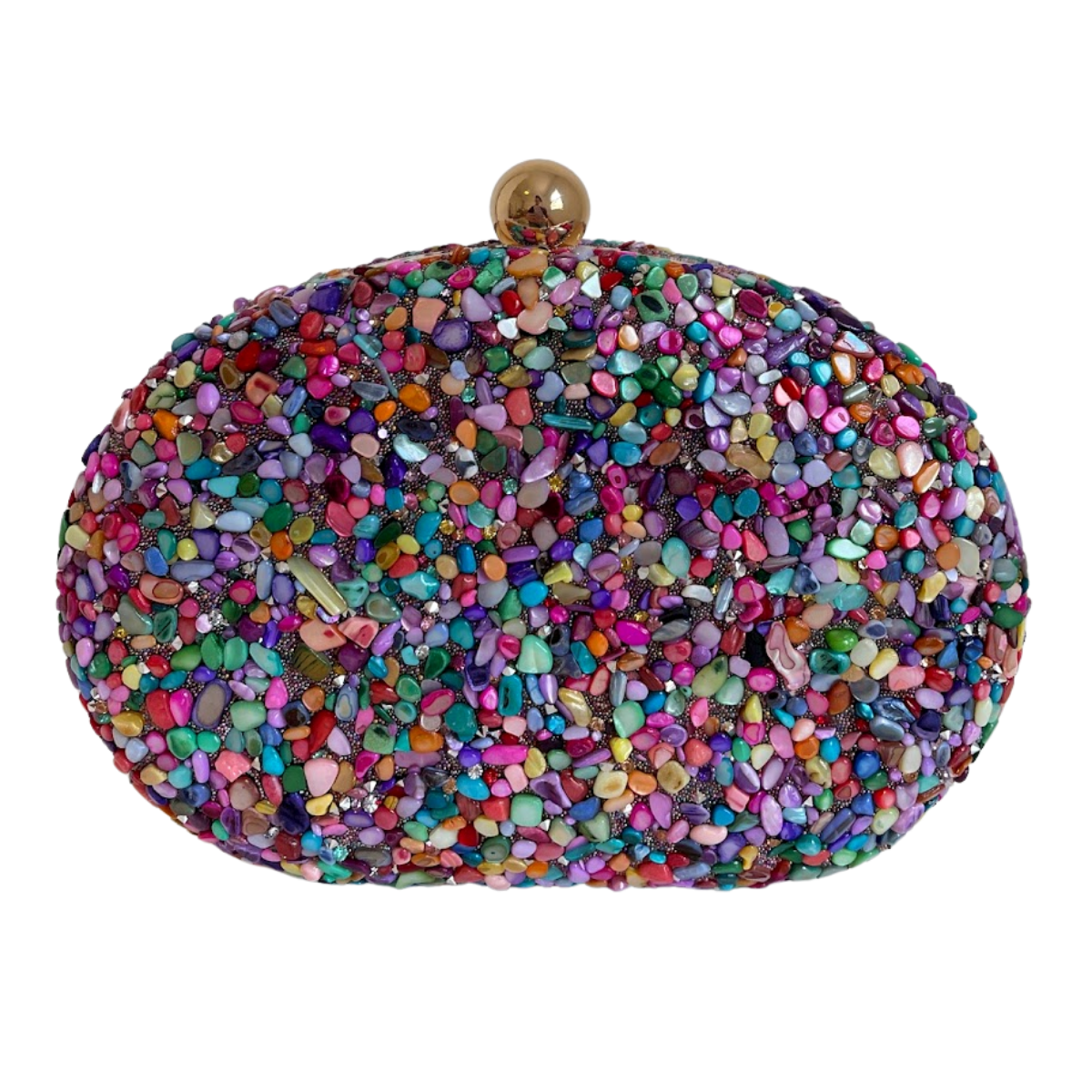 Bolsa Festa Clutch Pedraria Colorida Oval Ferragem Dourada