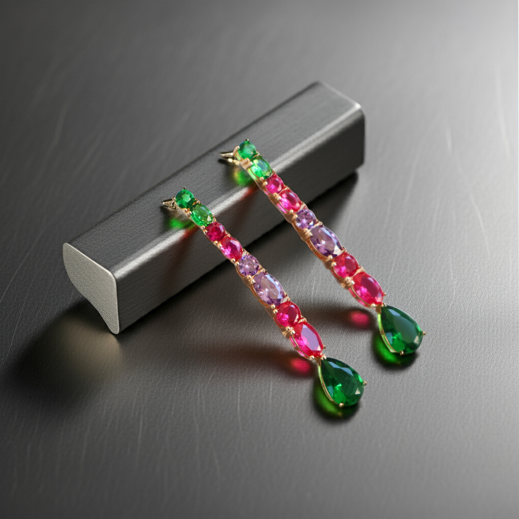 Brinco Dourado e Cristal Verde e Rosa - Semijoia