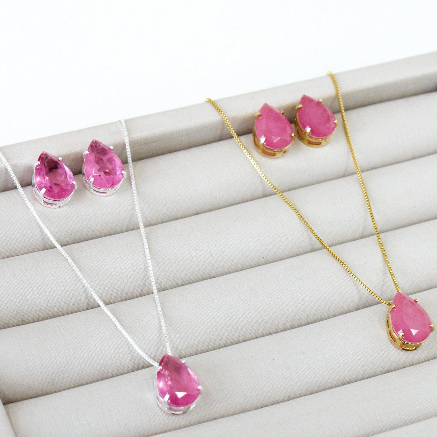 Kit Colar e Brinco Gota Fusion - Rosa - Banho de Prata 925