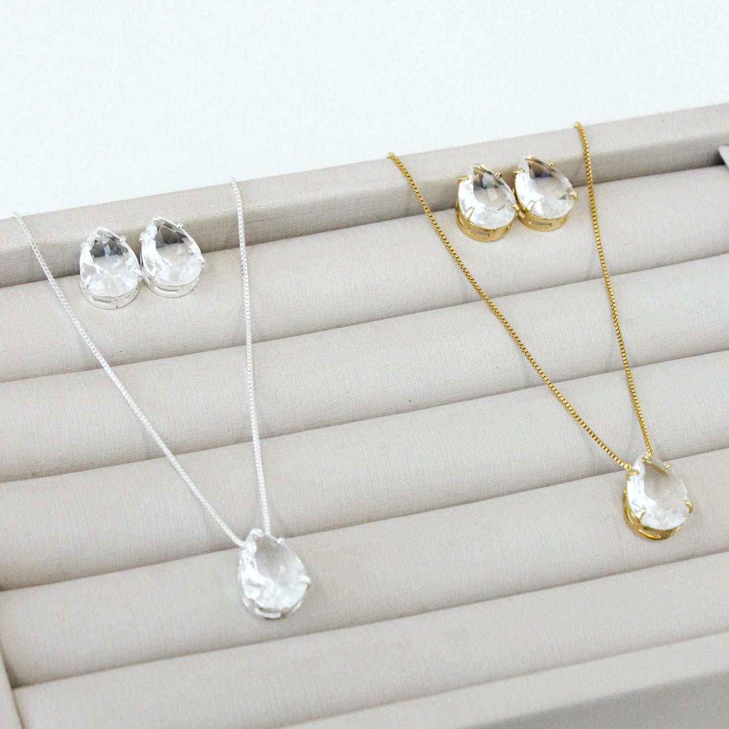Kit Colar e Brinco Gota - Cristal - Banho de Prata 925