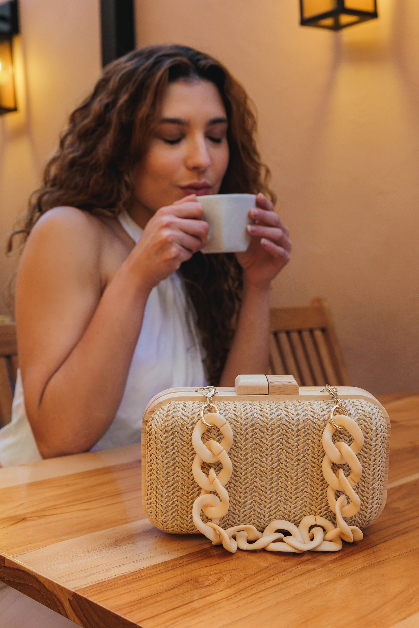 Bolsa de Festa Clutch Madeira e Palha Bege