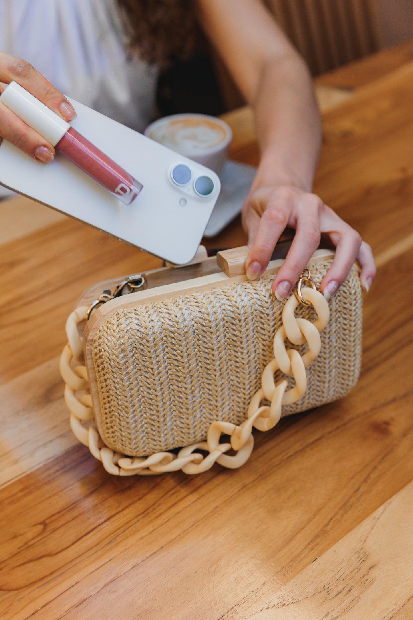 Bolsa de Festa Clutch Madeira e Palha Bege