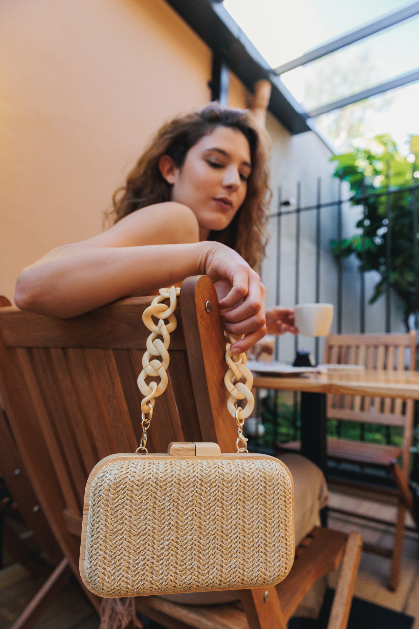 Bolsa de Festa Clutch Madeira e Palha Bege