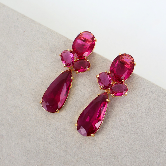 Brinco Dourado e Cristal Fúcsia - Semijoia
