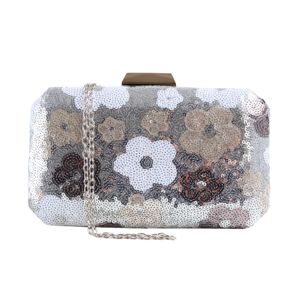 Bolsa Clutch Festa Lantejoulas Bordadas Flores Prata - ReUse