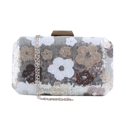 Bolsa Clutch Festa Lantejoulas Bordadas Flores Prata