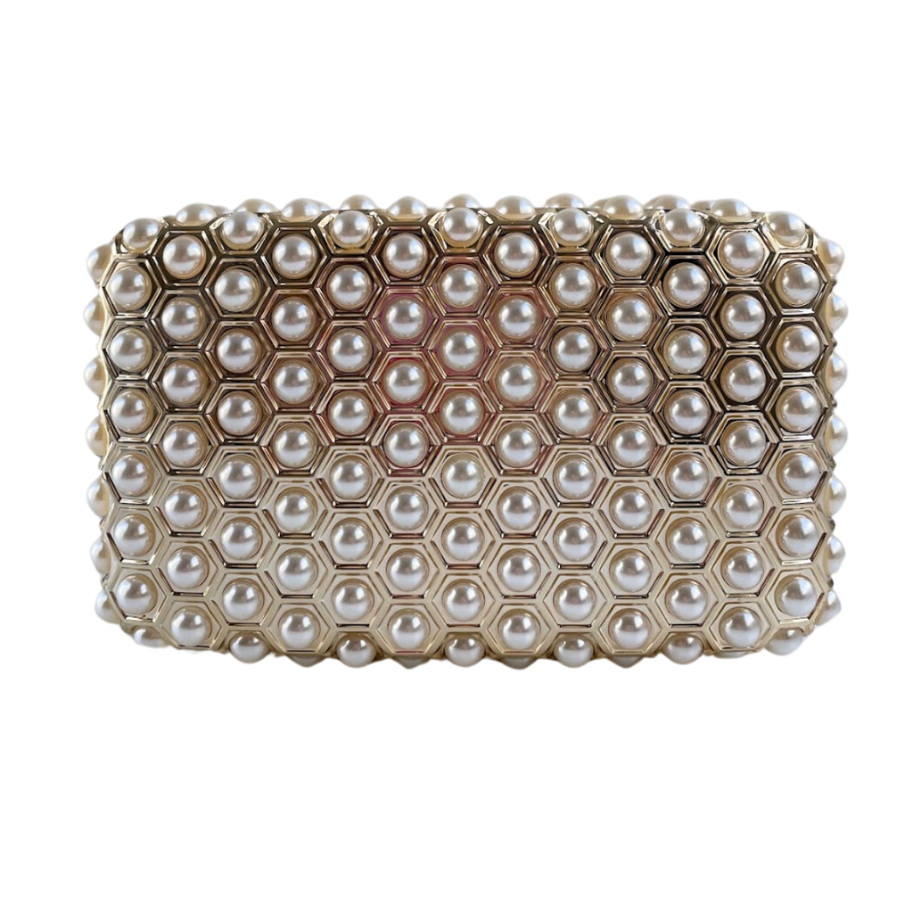 Bolsa de Festa Clutch Acrílico Dourado e Perolas