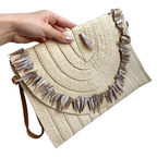 Bolsa Carteira Envelope de Palha Bege e Pedraria