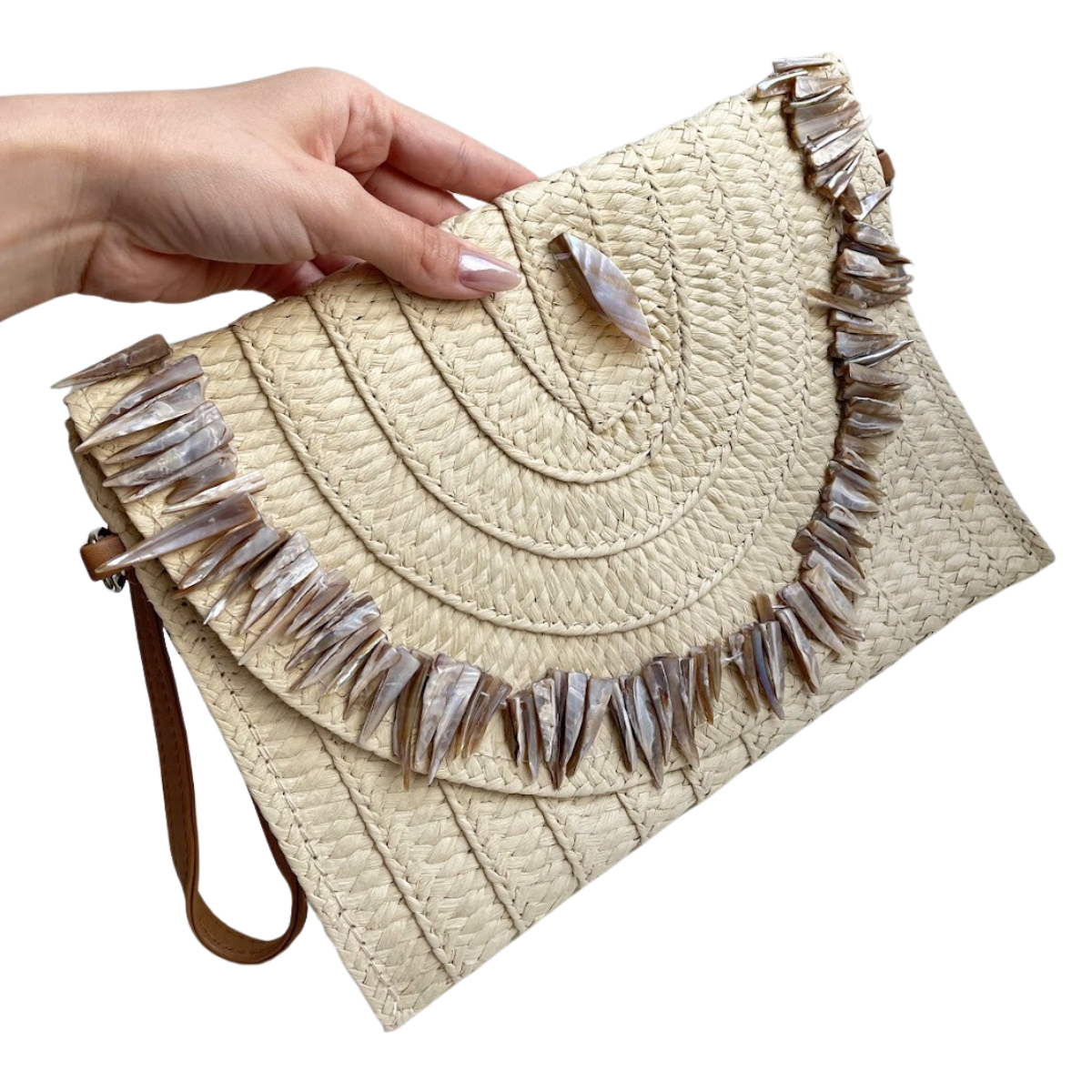 Bolsa Carteira Envelope de Palha Bege e Pedraria