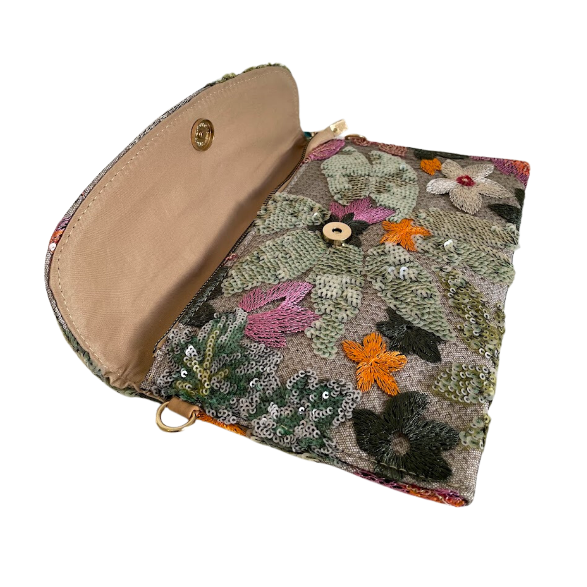 Bolsa Carteira Envelope de Bordada Paetê Floral Verde Laranja