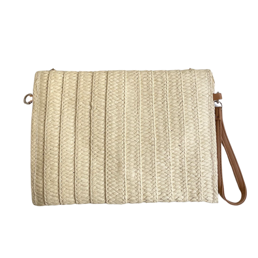 Bolsa Carteira Envelope de Palha Bege e Pedraria