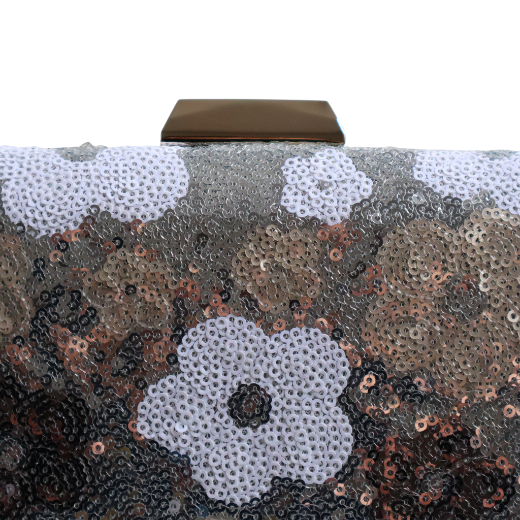 Bolsa Clutch Festa Lantejoulas Bordadas Flores Prata - ReUse