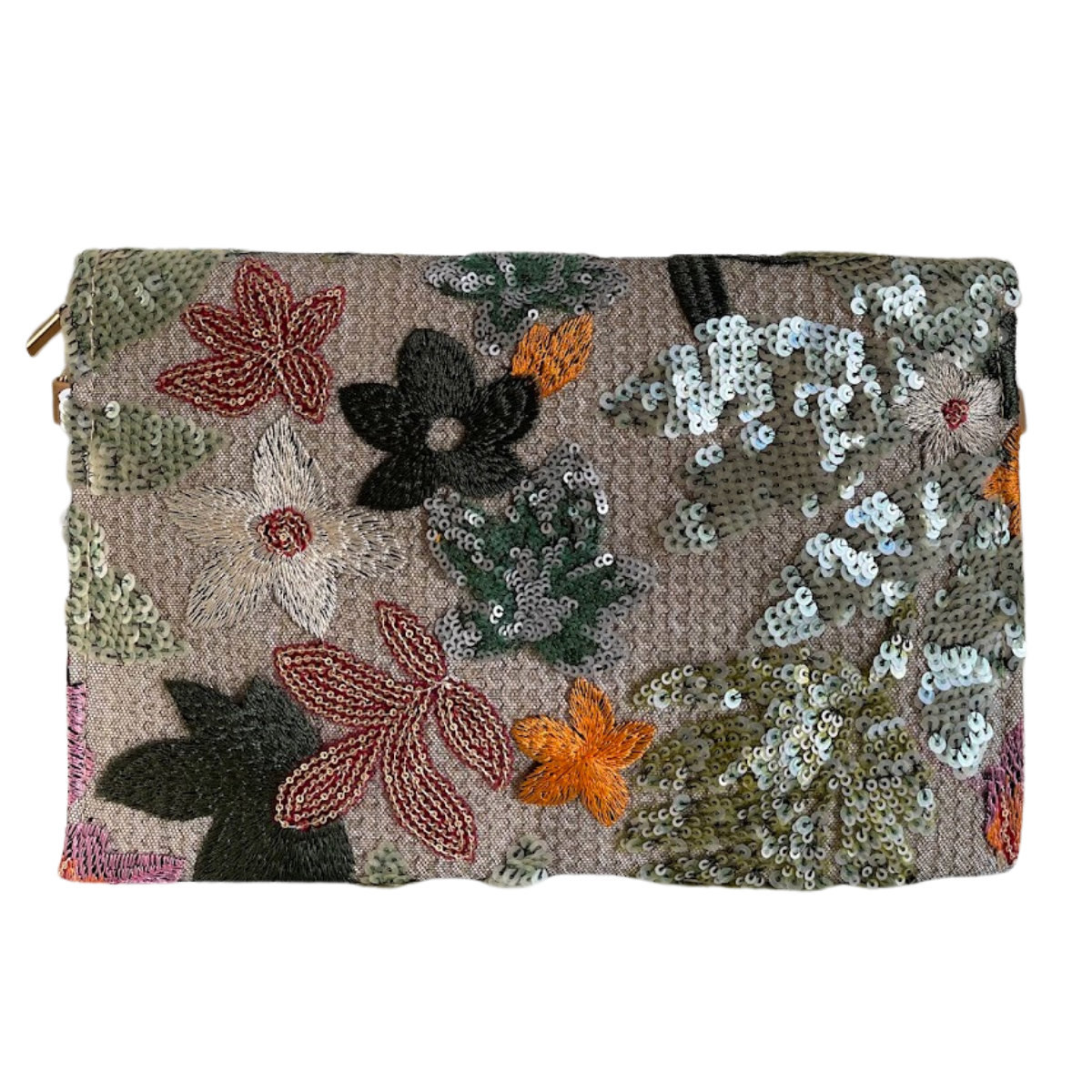 Bolsa Carteira Envelope de Bordada Paetê Floral Verde Laranja