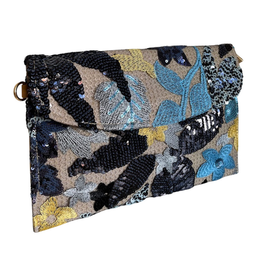 Bolsa Carteira Envelope de Paetê Bordado Floral Azul