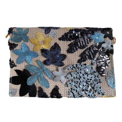 Bolsa Carteira Envelope de Paetê Bordado Floral Azul