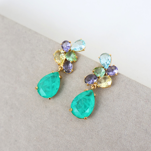 Brinco Dourado e Cristal Colorido e Turquesa - Semijoia