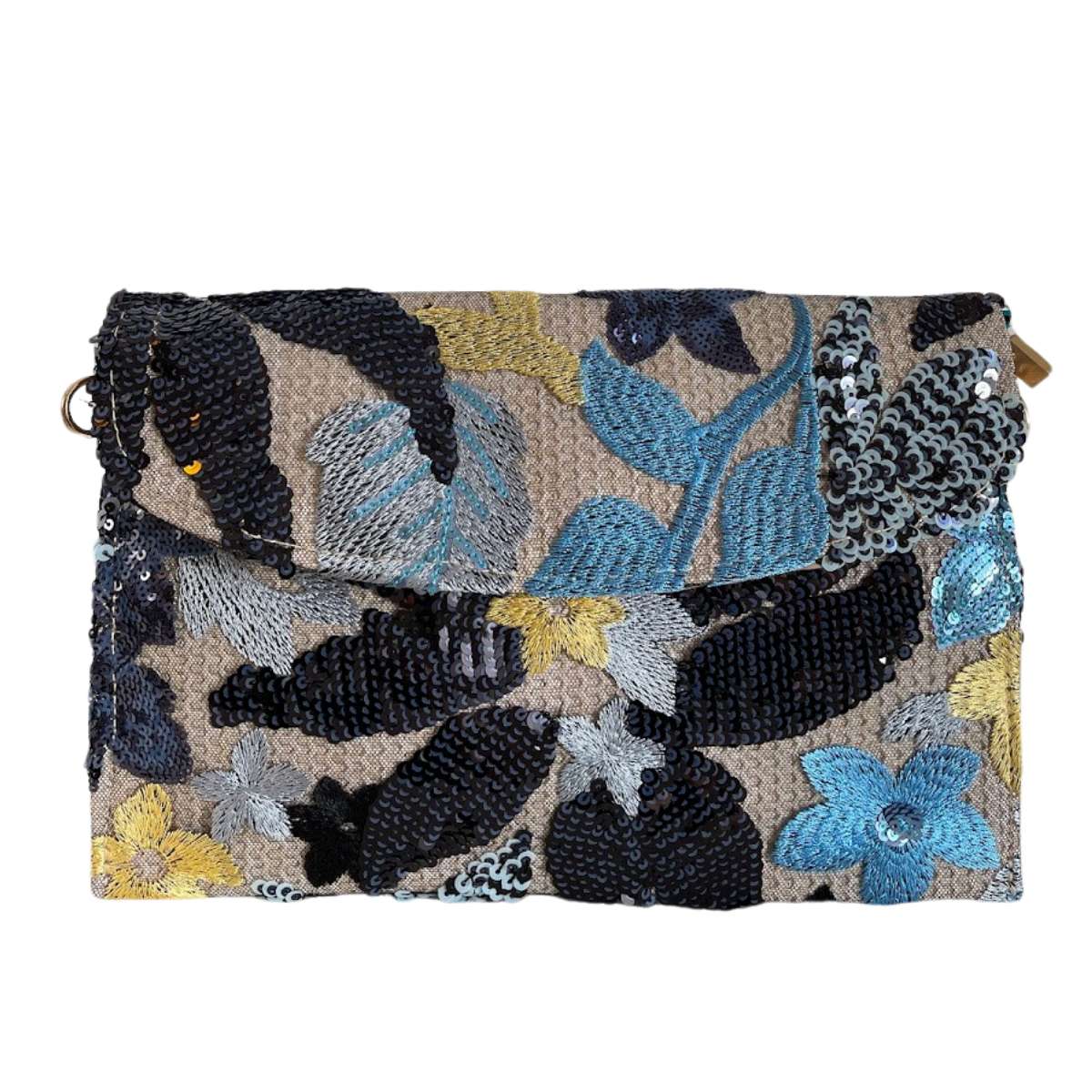 Bolsa Carteira Envelope de Paetê Bordado Floral Azul