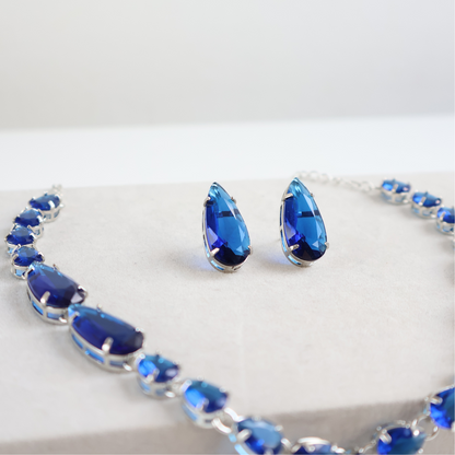 Kit Colar e Brinco - Cristal Azul - Prateado