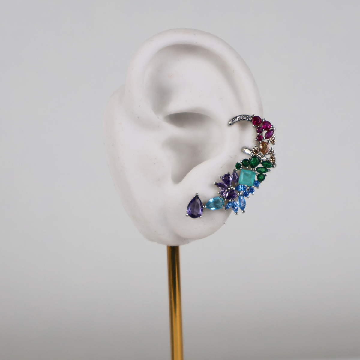 Brinco Earcuff Prateado e Cristal Colorido - Semijoia