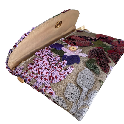 Bolsa Carteira Envelope de Bordada Paetê Floral Roxa