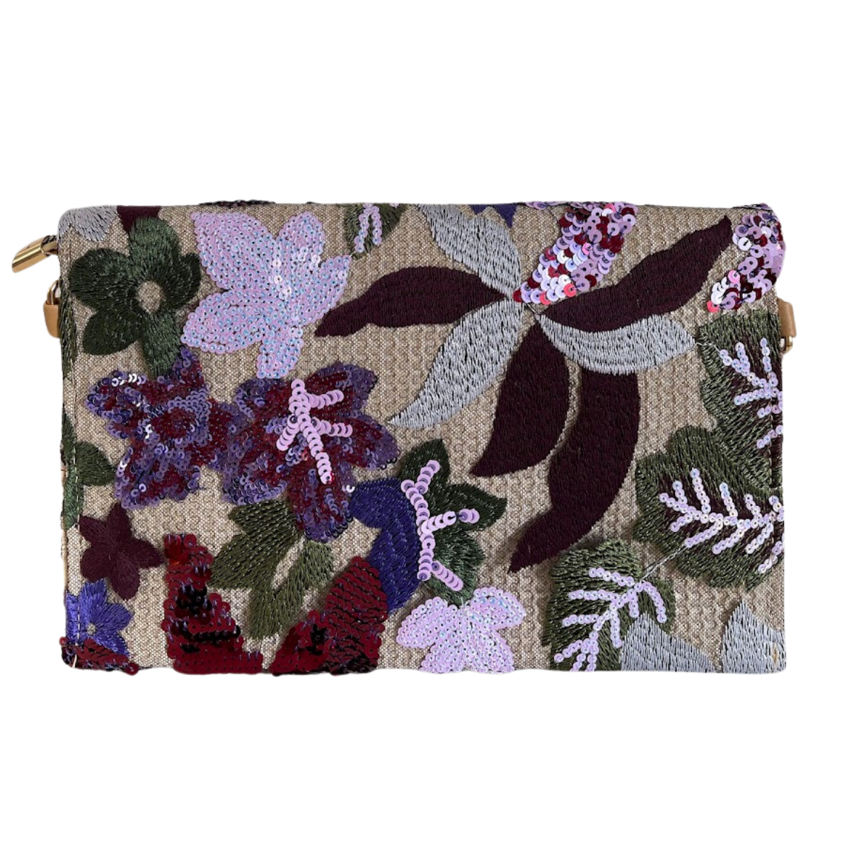 Bolsa Carteira Envelope de Bordada Paetê Floral Roxa