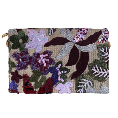 Bolsa Carteira Envelope de Bordada Paetê Floral Roxa