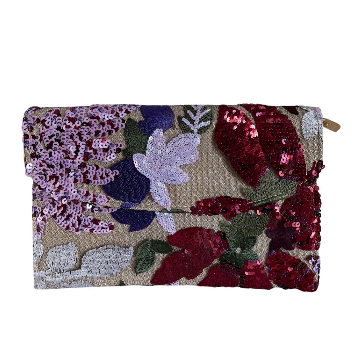 Bolsa Carteira Envelope de Bordada Paetê Floral Roxa