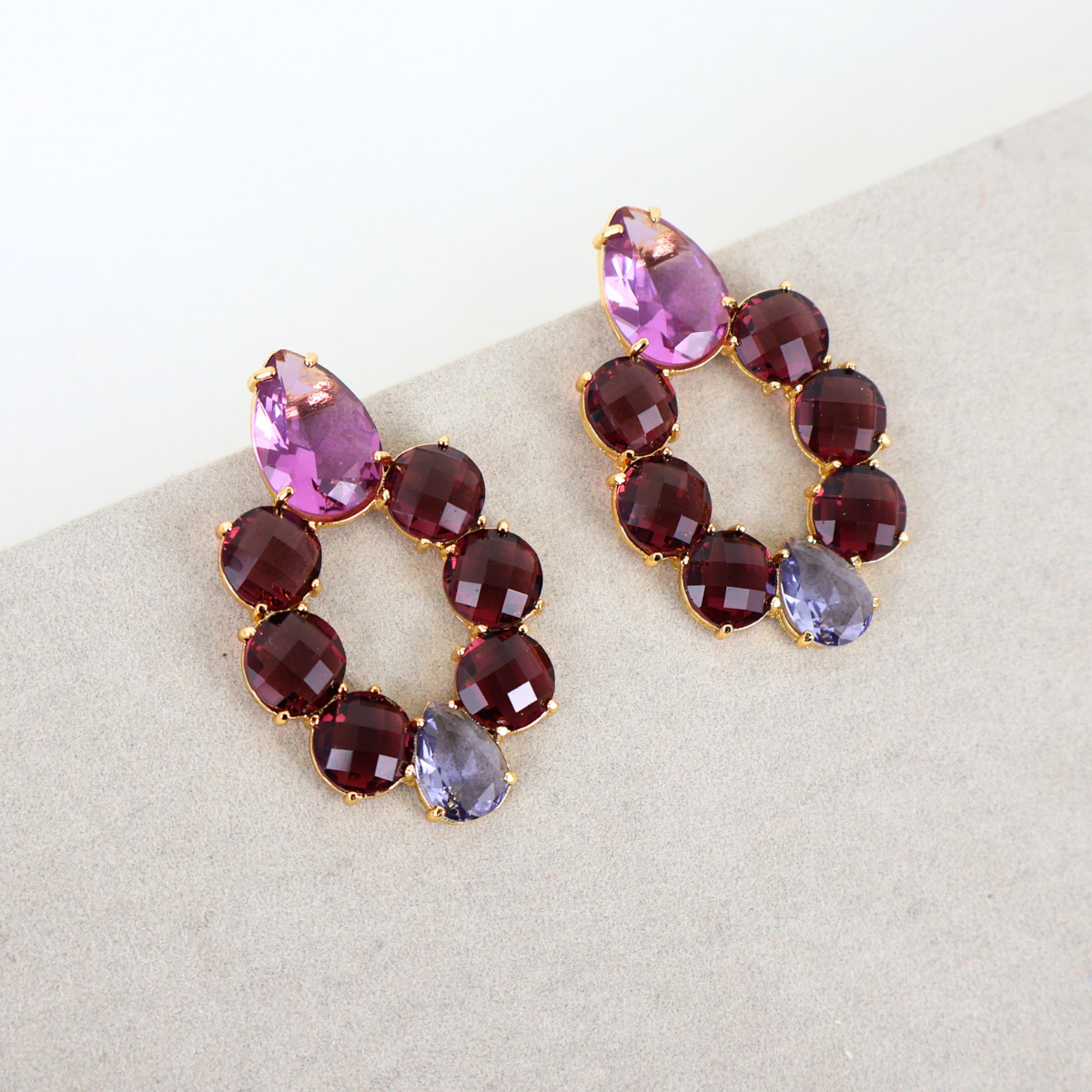 Brinco Dourado e Cristal Vinho e Roxo - Semijoia