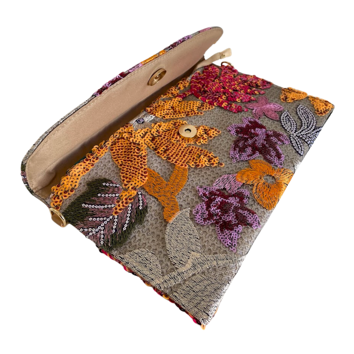 Bolsa Carteira Envelope de Bordada Paetê Floral Laranja