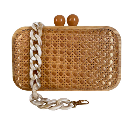 Bolsa de Festa Clutch Madeira e Palha da Índia Caramelo