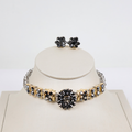 Kit Colar Choker Gargantilha e Brinco Dourado e Ônix