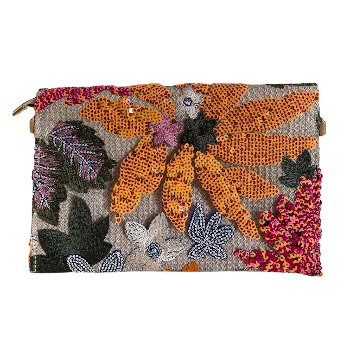 Bolsa Carteira Envelope de Bordada Paetê Floral Laranja