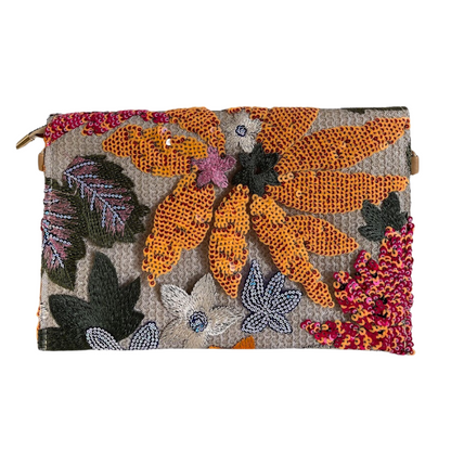 Bolsa Carteira Envelope de Bordada Paetê Floral Laranja