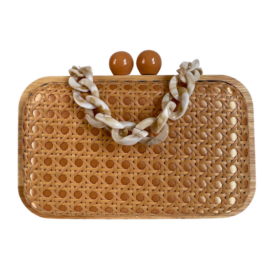 Bolsa de Festa Clutch Madeira e Palha da Índia Caramelo