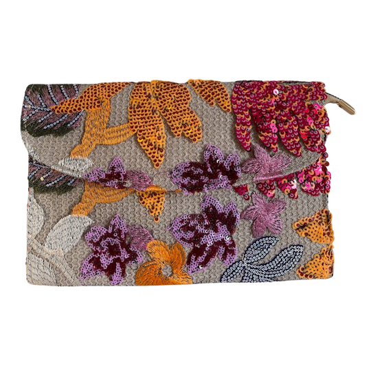 Bolsa Carteira Envelope de Bordada Paetê Floral Laranja