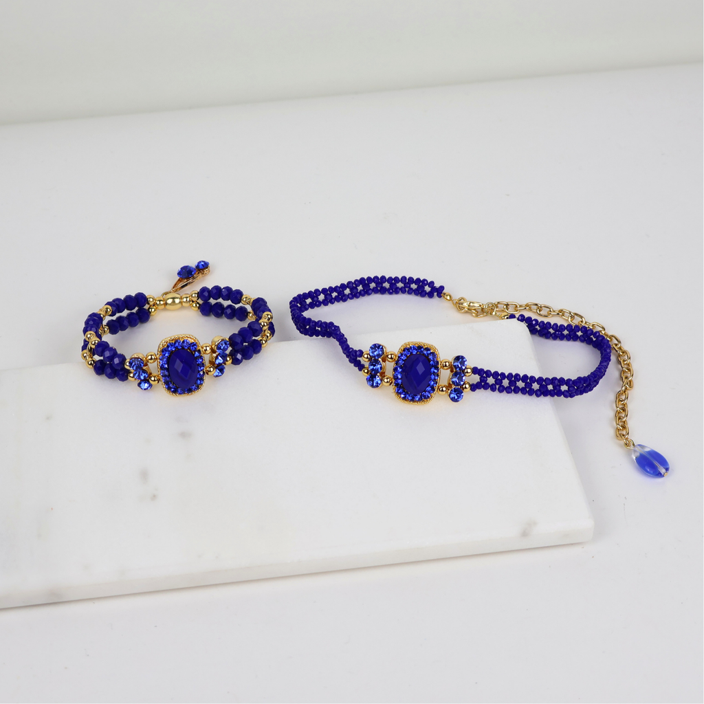Kit Colar Choker Gargantilha e Bracelete Azul