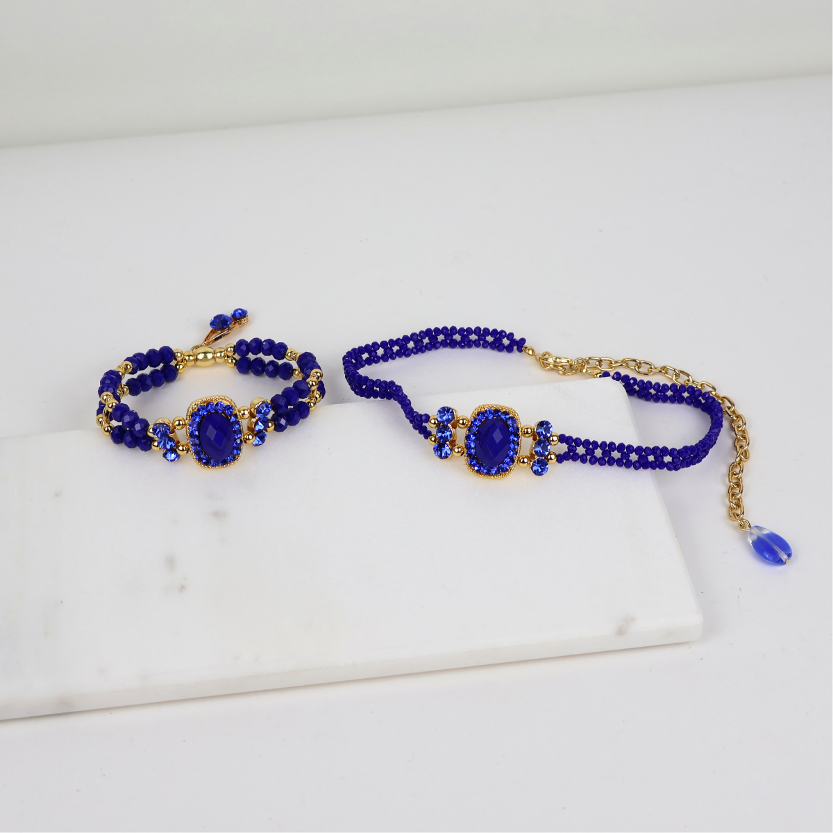 Kit Colar Choker Gargantilha e Bracelete Azul