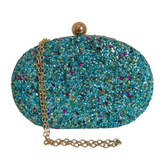 Bolsa Festa Clutch Pedraria Azul Tiffany Oval