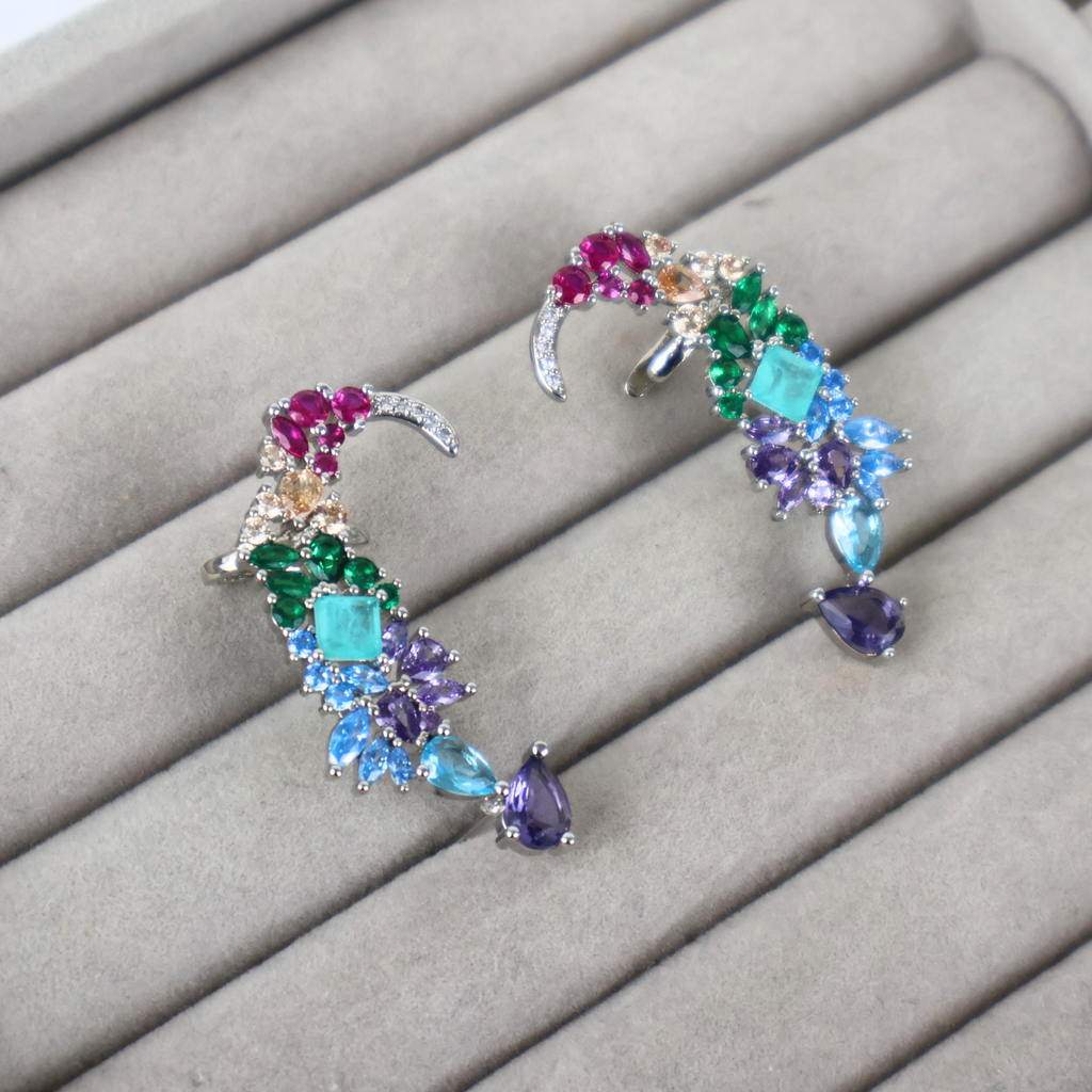 Brinco Earcuff Prateado e Cristal Colorido - Semijoia