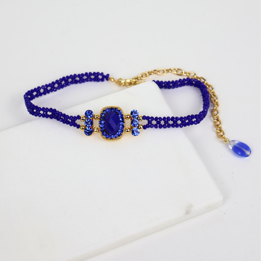 Kit Colar Choker Gargantilha e Bracelete Azul