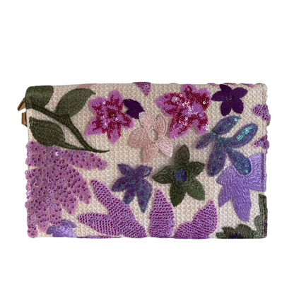 Bolsa Carteira Envelope de Bordada Paetê Floral Lilás